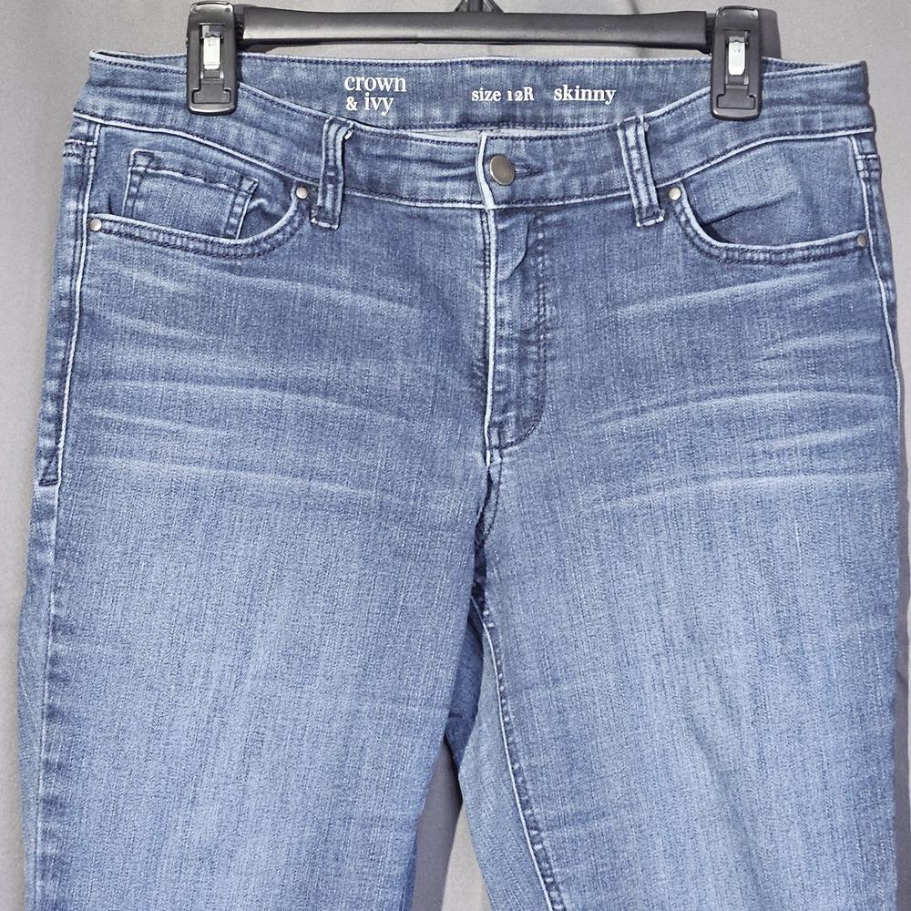 Crown & Ivy Womens 12R Skinny Jeans Blue Raw Hem Distressed Ankle Denim